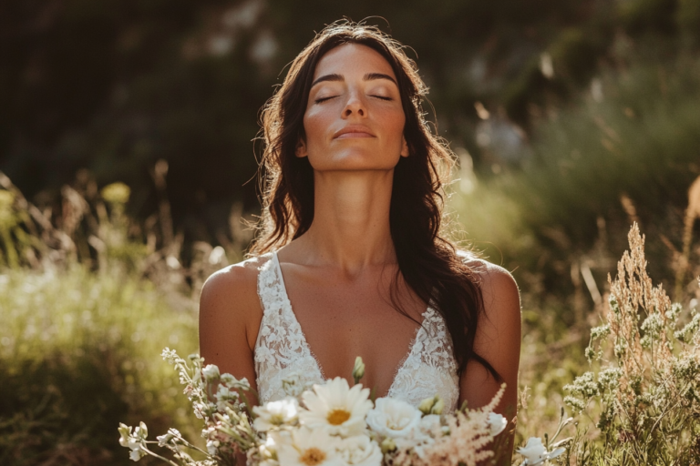 Egy menyasszony meditál a természetben, csukott szemmel, kezében egy csokor virág, körülötte nyugodt táj, amely a békét és a relaxációt szimbolizálja.