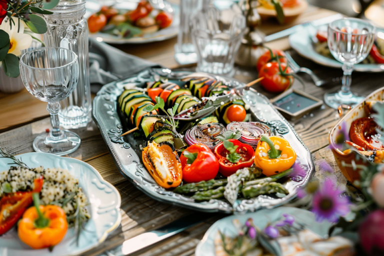 Friss és színes vegetáriánus ételek, például grillezett zöldségek, quinoa saláta és töltött paprika elegánsan tálalva egy esküvői asztalon