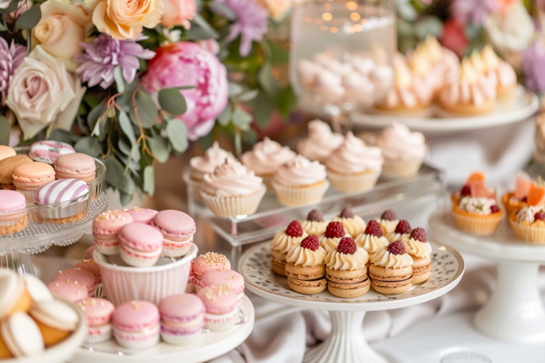 Egy esküvői desszertasztal különféle mini desszertekkel (macaronok, cupcake-ek, pohárkrémek), gyümölcsös tortákkal és pitékkel