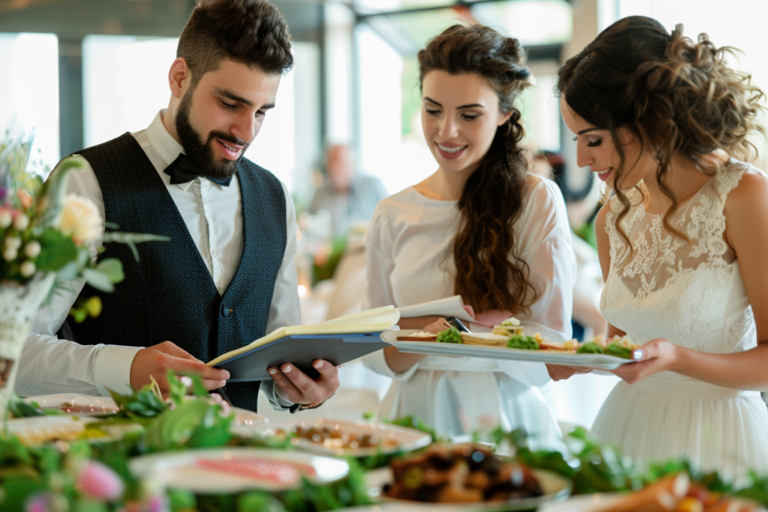 Egy catering szolgáltató bemutatja az esküvői menü lehetőségeit egy párnak egy elegáns helyszínen, a pár kezében jegyzettömb vagy tablet