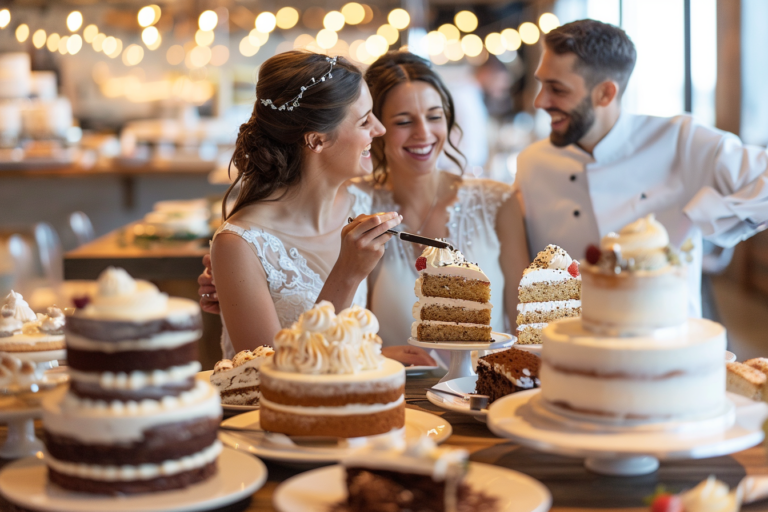 Egy pár ül egy asztalnál, miközben többféle tortaszeletet kóstolnak, és jegyzeteket készítenek, miközben a cukrász a háttérben dolgozik