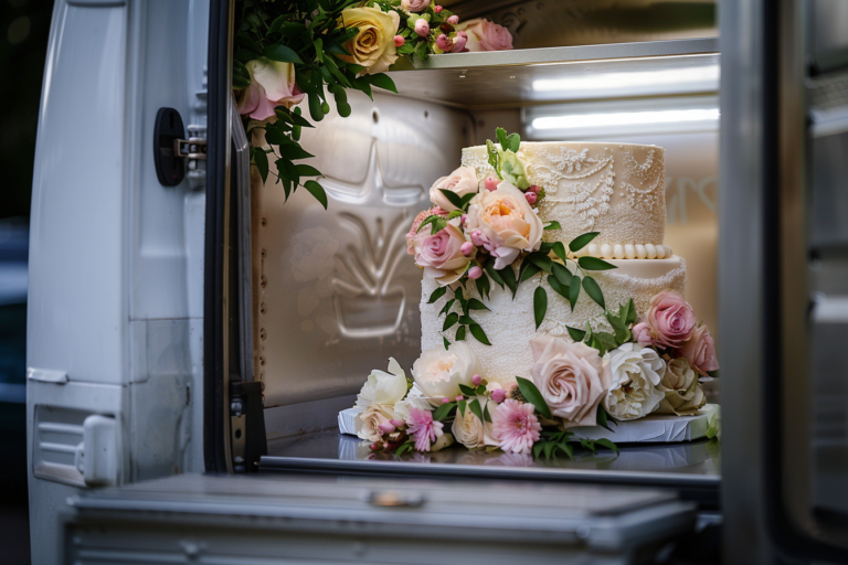 Egy tortát egy autóban vagy hűtőautóban szállítanak a helyszínre, az ajtó kinyitása közben a torta éppen a helyszínre érkezik